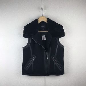 Jessica Simpson l S Chance Black Wool Blend Faux Fur Leather Zipper Moto Vest